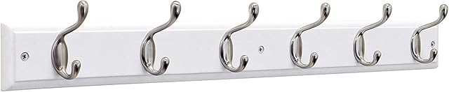 keypak 6-Hook Wall-Mounted Coat Rack, White, Satin Nickel