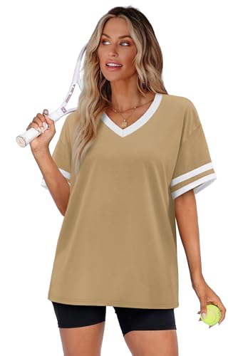 Image of WIHOLL Womens T Shirts Loose Fit Short Sleeve Tees V Neck Color Block Summer Tops 2026 Fashion S-4XL