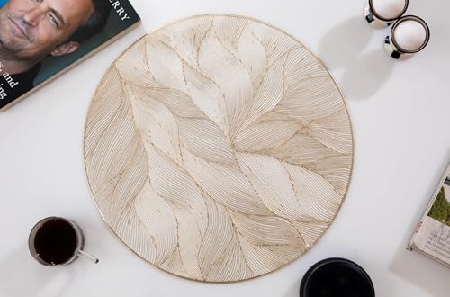Image of HomeCloud PVC Material Round Shape Table Mat, Dining Table Mat,Table Placemats, Round Mats,Best for Bed-Side Table /Center Table, Dining Table /Shelves (Circle Leaf Flower Gold, Set of 1)