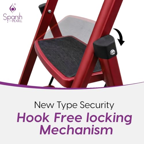 Image of Sparsh Pearl Steel Ladder for Home 4 Steps Foldable with Anti-Skid Wide Steps | 4 Step Ladder for Home Use with D-Shape Rods | Secure Lock | 150 Kg Capacity Folding Ladder | 5 Year Warranty (Red)