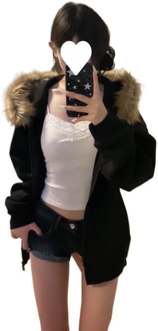 JNBFCDY Y2k Zip Up Sudadera con Capucha Chaquetas de Piel Abrigos de Invierno Adolescente Emo Grunge 2000s Ropa Vintage Streetwear Mujeres (M,Negro)