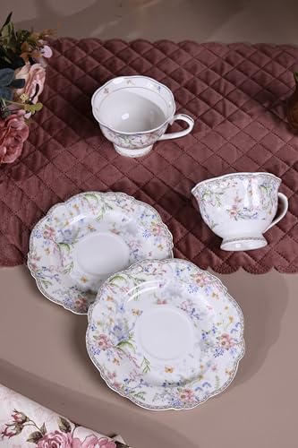 Image of Vigneto Floral Flower Bed Cup and Saucer Set (Vintage Collection) for Tea /Coffee /Hot Drinks | Set of 6 Cup & 6 Saucers, 210 ML | Finest Premium Porcelain | Scratch Resistant | Chip Resistant