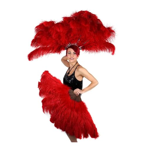 Éventail de danse en plumes d'autruche rouge accessoire spectacle 13 os - 8