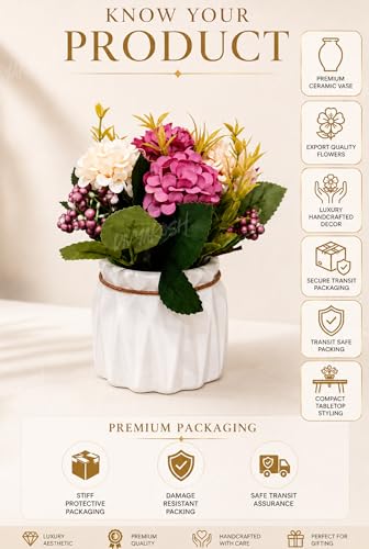 Image of Divyakosh Artificial Flowers Bunch with Vase for Home Decor, Hydrangea Flower Arrangement with Ceramic, Flower Vase's, Home Decoration Items for Living Room, Aesthetic Home Decoration