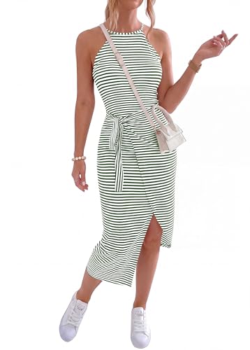 Image of NOLLSOM Women Casual Sleeveless Striped Tank Midi Dresses Halter Neck Ruched Bodycon Dresses Tie Waist T Shirt Summer Dress