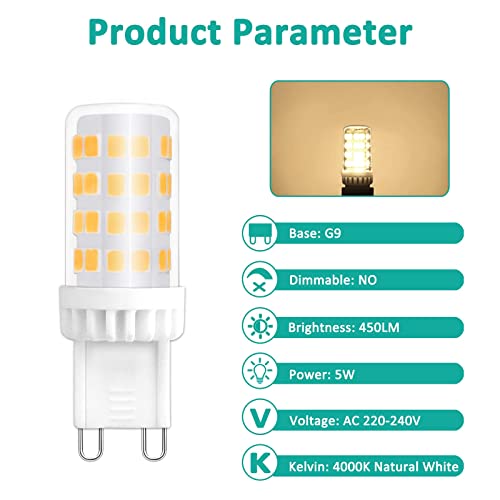 Caldarax G9 LED Bulbs, 5W, Natural White 4000K, 450LM, Equivalent to 50W Halogen, No Flicker, Non-dimmable - Image 3
