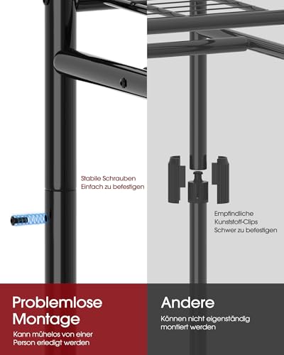 Sakugi Kleiderständer auf Rollen – Kleiderständer mit Ablagen & Haken, Multifunktionale Kleiderstange aus Metall für Schlafzimmer, Wäscheraum, Balkon, 84 x 31 x 202 cm, Schwarz