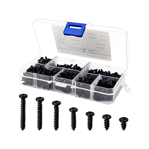 Tornillos Madera, HERKINDNESS 500 Piezas 7 Tamaños M3 Juego de Tornillo Negro, con Caja de Plástico Transparente Para Distinguir Tornillos de Diferentes Tamaños, Adecuado Para Decoración del Hogar Cover