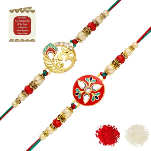 Image of Riddhika Ventures Glorious Gold Plated Auspicious Diamond Ring Rakhi (Set of 2) with Roli Chawal and Greeting Card