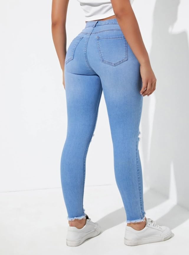 Distressed Slim Skinny Jeans with Raw Cut Edges for Women and Comfortable Wear