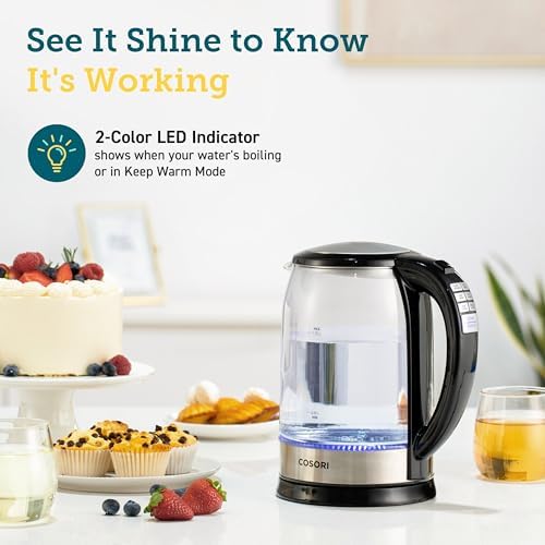 Cosori Electric Kettle, 6 Temperature Presets, 1.7L Glass Tea Kettle, Black - 5