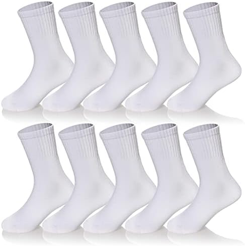 AMENLAN Kids Classics Crew Socks 10 Pairs Child Boy Girls Athletic Cotton Basic School Uniform Breathable Casual Sports Socks (White,13-15 Years)