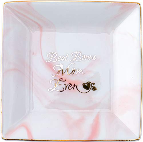 Fullrain Marble Ceramic Jewelry Ring Tray Trinket Dish Necklace Holder - Best Bonus Mom Ever- Presents For Birthday Mothers Day Gifts For Stepmom From Stepdaughter Stepson #TOP4
