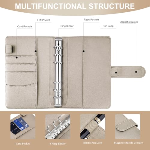 AKONEGE Ringbuch A6 PU-Leder nachfüllbares Notizbuch mit 135 Blatt 6 Löcher A6-Nachfüllpapier, Bindertaschen, Trennblätter, Haftmarkern, Planer-Organizer für Reisen, Arbeit, Schule - Goldglitter
