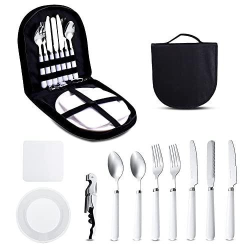 Umllpet Camping Geschirr set 2 personen 11-teilig, Picknick Set, Tragbar Edelstahl Outdoor-Geschirr für Camping, Picknick, Grillen und Wandern