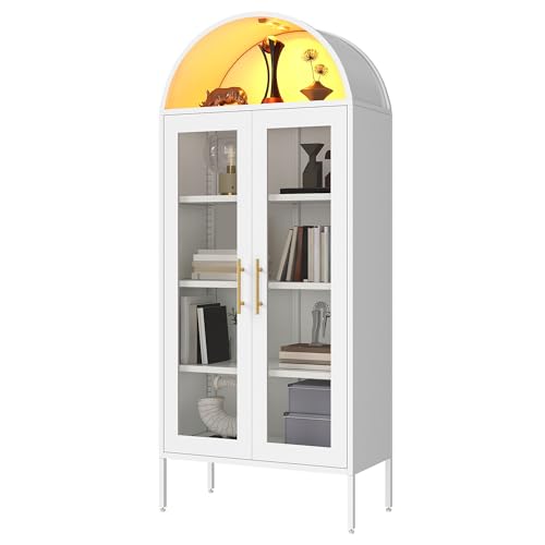 DWVO Arched Display Cabinet with Glass Doors, 71" Tall Storage Organizer Cabinet with Adjustable Shelves, Curio Cabinet with LED Lights, 5 Tier Bookcase for Collectibles Living Room Office, White