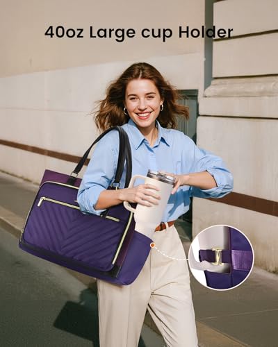 Image of LOVEVOOK Laptop Tote Bag for Women, Work Bag for Teacher with Large Cup Holder, Quilted Diaper Bag for Travel, Computer Women's handbags for Nurse gift, 15.6 Inch