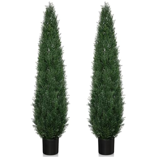 5FT Artificial Cedar Topiary Trees, 2 Pack UV Resistant Outdoor Indoor Faux Evergreen Shrubs, Potted...