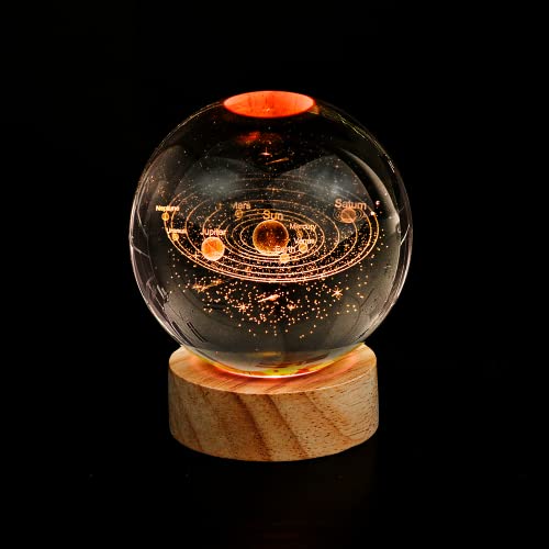 Image of 3D Solar System Crystal Ball Night Light with 16 Color LED Wooden Base, Upgraded 3.15 In Galaxy Planets Glass Ball Lamp with Remote Control Cool Astronomy Desk Decor Gifts for Kids Girls Boys Friends