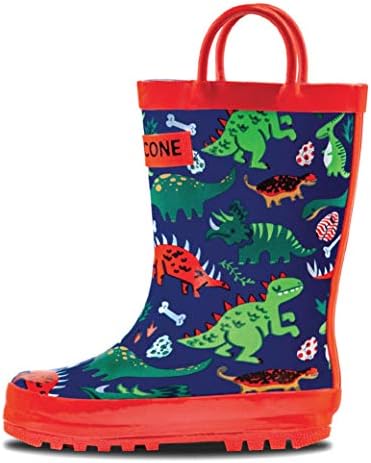 Lone Cone Rain Boots with Easy-On Handles in Fun Patterns for Toddlers and Kids, Puddle-a-Saurus Dinosaur, 7 Toddler