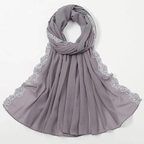 MiaoChoice Embroidered Chiffon Hijab Shawl Elegant Sheer Floral Headwraps Scarves For Evening Dress (5#LightGrey)