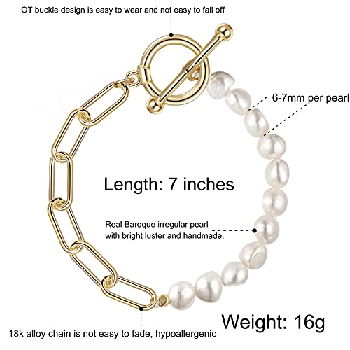 Cowlyn Paperclip Pearl Bracelet Baroque Culture Link Chain 18K Gold Plated Dainty Handmade Bangle Charm Jewelry Present For Women Girls #TOP3