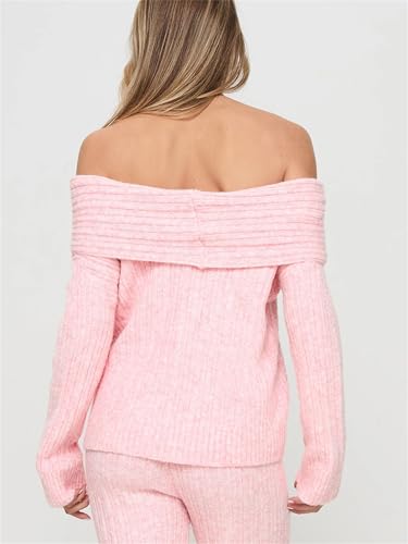 Image of Women Cute Off The Shoulder Sweater Sexy Long Sleeve Slouchy Knit Loose Fit Pullover Top Going Out Knitwear Jumper