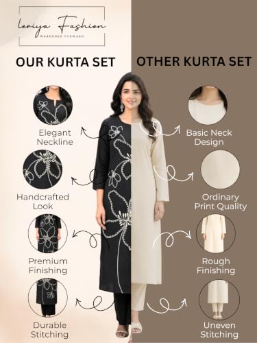 Image of Leriya Fashion Women's Cotton Straight Embroidered Kurta with Pant Set | Ethnic Motifs Work Kurti with Pant for Women | Casual & Office Outfit Ensemble | Kurta Sets for Woman