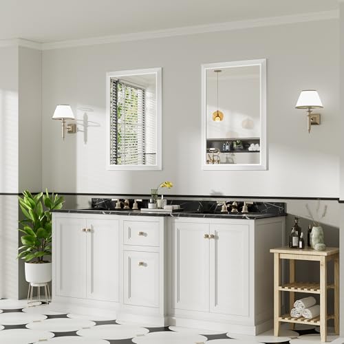 24x36 Inch White Bathroom Mirror for Wall, Thick Metal Framed Rectangle Mirrors for Over Sink, Bedroom, Living Room, Entryway, Anti-Rust, HD Tempered Glass