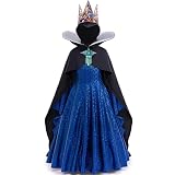 Hewtwerck Evil Queen Costume for Girls, Kids Queen Grimhilde Dress Halloween Villain Outfit with Crown & Cape (Black, 13Years-15Years)