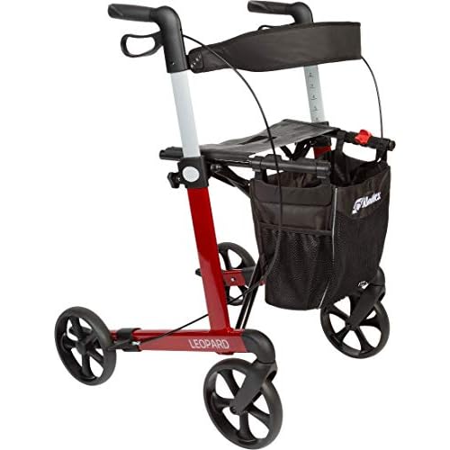 FabaCare Premium Rollator Set Leopard mit Softrädern, Aluminium, Rot, faltbar, mit Vollausstattung, Sitzfläche, Rückengurt, Alurollator bis 150 kg, mit FabaCare Sicherheitsreflektoren
