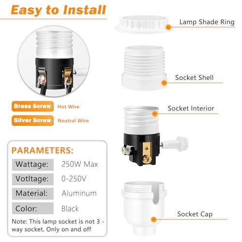 Image of UL Listed E26 Light Socket, Threaded Lamp Socket Replacement with ON /Off Switch Medium Base Lamp Parts with Lamp Shade Ring Ring for Table lamp, Floor lamp, Light Fixture(White-2 Pack)