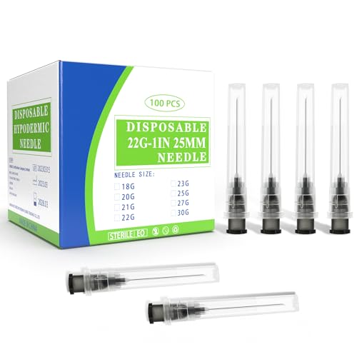 22 Ga 1 Inch Luer Lock Needle (100 Pack), Sterile Disposable 22G Industrial Accessories Needles for Glues, Inks, and Adhesives,Individually Wrapped
