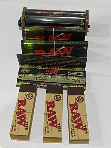 Raw Black Organic Hemp 1 1/4 (3 Packs) Plus Raw Roller 79MM, Raw Lighter and 3 Pack of Raw Original Tips by DeLaCruzV.