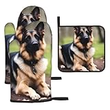 HYTTER Juego de 3 manoplas de horno de tela impermeable y soportes para ollas con diseño de cuerda para colgar, patrón de perro pastor alemán de arce