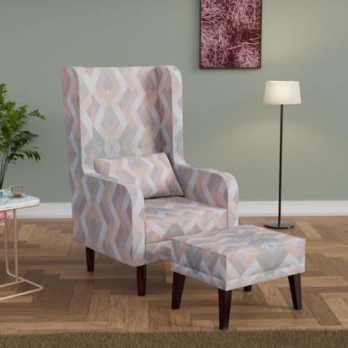 Image of Custom Decor Wooden Wing Chair with Ottoman Stool | Wingback for Living Room | One Seater Sofa | High Density Foam | Accent Chair for Seating and Home Decor Furniture | (Twilight Prism, with Ottoman)