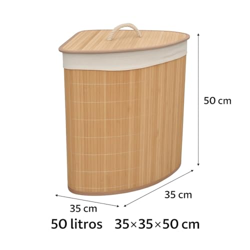 Acomoda Textil – Cesta de Bambú Plegable con Tapa y Asas para Lavandería de Gran Capacidad. Cesto Grande Organizador para la Ropa con Bolsa Extraíble y Lavable Color Madera. (50x35x35 cm) - imagen 3