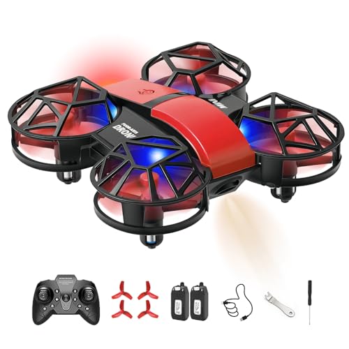 Red Mini Drone for Kids, Indoor & Outdoor RC Quadcopter, Full Propeller Guards, LED Light, 3D Flips, One Key Start, Headless Mode, 2 Rechargeable Batteries, 21 Mins Total Flight Time, Toy Gift for Boys and Girls