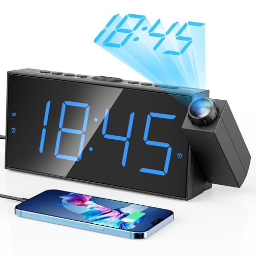 Digital Projection Alarm Clocks for Bedrooms – Large LED Display, 180° Rotatable Projector, 5-Level Dimmer,USB Charger,Battery Backup,Loud Dual Alarms for Kids Elderly,Heavy Sleepers,Snooze,12/24H,DST