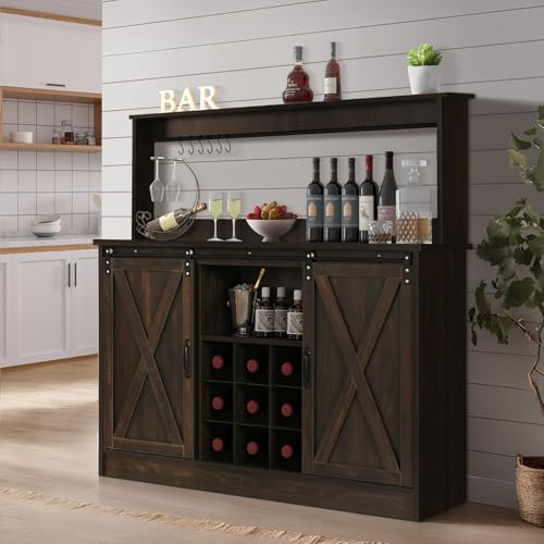 4ever2buy Farmhouse Coffee Bar Cabinet with 6 Hooks, 47 Inch Coffee Bar Hutch with 9 Wine Racks, Wine Bar Cabinet with Sliding Barn Door and Adjustable Shelves for Dining Living Room, Dark Oak - Image 8