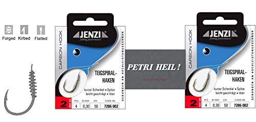 Set: 2 Packungen JENZI Teigspiralhaken Forellen-Haken, Teighaken gebunden (8 Stück) Hakengröße 2, 4, 6, 8 &10 + gratis Petri Heill! Aufkleber (Hakengröße 2)