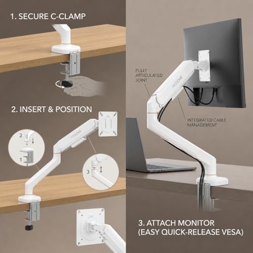 Image of iVOOMi Single Monitor Gas Spring Arm, Fits 15-34 inch Screens, Holds up to 12kg, Dual Mount C Clamp & Grommet, VESA Mount 75x75 & 100x100mm, 360 Rotation Lift /Tilt /Swivel /Rotate