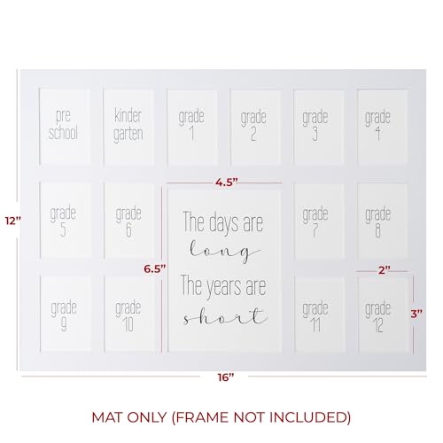 Image of Rustic Red Door Co. 12x16 School Days Picture Mat with Multiple Openings - School Years Photo Collage - No Frame - 1 Pre-School & Kindergarten to 12th Grade (15 Photos, 1PreK - 12th, White)