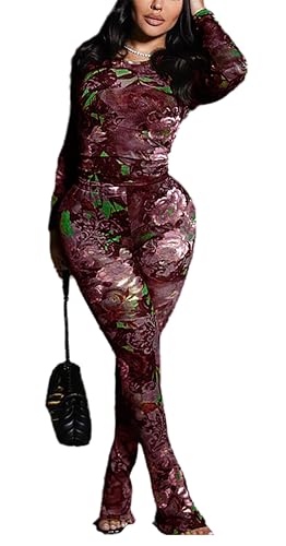 Image of acelyn Women Sexy Two Piece Outfits Mesh Printed Bodycon Flared Pants Sets Club Going Out Birthday Outfits