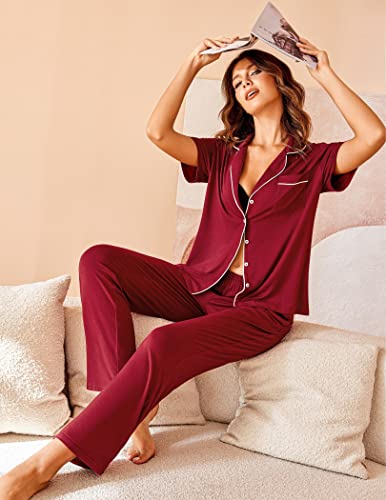 Image of Avidlove Women Pajamas Set Notch Collar Soft Sleepwear Pjs Short Sleeve Button Down Nightwear with Long Pants