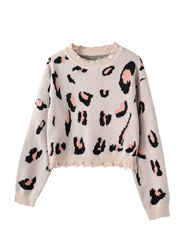 WDIRARA Girl's Leopard Print Sweater Distressed Crew Neck Long Sleeve Pullover Knitwear