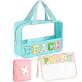 Hoolerry Juego de 3 bolsas de maquillaje de chenilla con cremallera, bolsa de aseo de PVC PU impermeable portátil con purpurina para el sol, bolsa de viaje para mujeres y niñas, Azul, Elegante