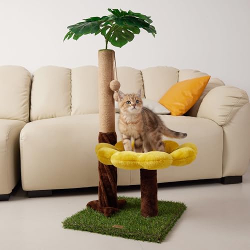 Suudroeen 33.86" Tall Cat Scratching Posts Cat Scratcher with Premium Sisal Rope, Sunflower Cat Platform and Danging Balls,Cat Scratcher Suitable for Large Adult cat, Kitten, and All Type of Cats