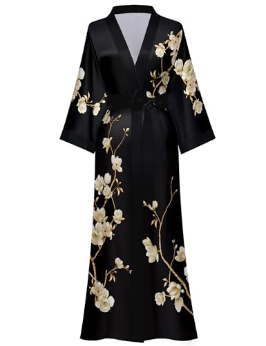 Kihnop Women's Floral Long Kimono Robe Plus Size Long Satin Robe Long Silk Robe Ladies Kimonos Silky Bathrobe Cover Up