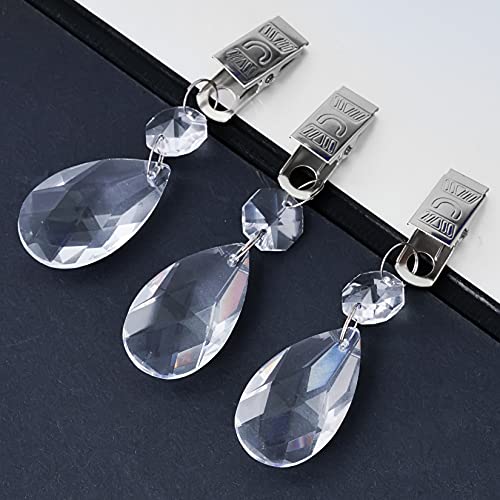 Lystaii 12pcs Tablecloth Weights Set with 12pcs Metal Clip Kit, AB Crystal Teardrop Pendant Glass Tablecloth Weights Heavy Outdoor Prisms Pendants for Home Decoration Picnic Tables Christmas (38mm)